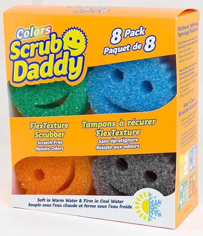 Scrub Daddy 8 Sponge Set Colors Scratch-Free Sponges for Dishes &amp Home Odor Resistant Scrubbers Soft in Warm Water Firm in Cool Deep Cleaning Dishwasher Safe Multi-use Functional Ergonomic