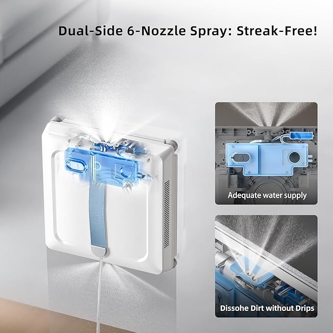 Window Cleaning Robot - Patented DualFore Tech Turbo Roller Brush + Microfiber Pad Combo Cleaning 6 Wide-Angle Spray Nozzles AI Nav Multi-Layer Safety App/Remote Control