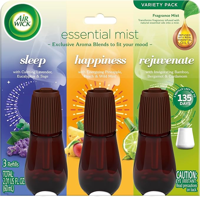 Air Wick Essential Mist Refill 3 ct Multipack Sleep Happiness Rejuvenate Essential Oils Diffuser Air Freshener