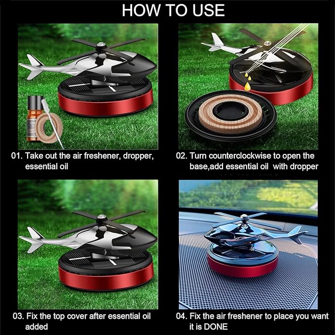 Al Alloy Solar Powered Rotating Helicopter Shape Car air purifier Home and Car Interior Decoration Accessories (Red)