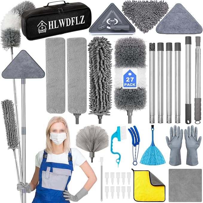 Microfiber Duster Kit 27pcs with 30 to 100 Inches Extension Pole and Wall Cleaner Mop Washable and Bendable Feather Duster for Cleaning Ceiling Fans High Ceilings Cobwebs Blinds Grey