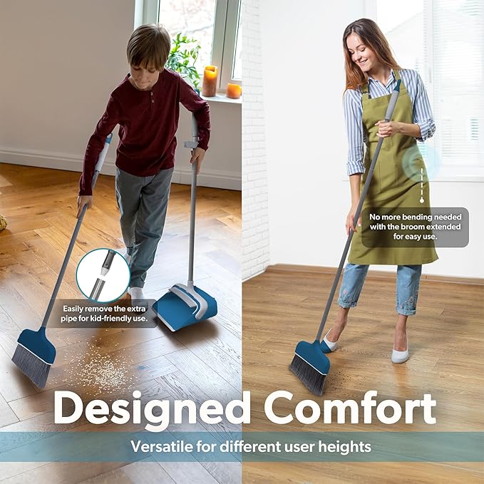 BLACK+DECKER Butler Broom &amp Dustpan Set - Stand-Up Design - Lightweight Space-Saving Combo for Kitchen Living Room Bathroom Lobby Floors - Home Cleaning Essential Ocean Blue