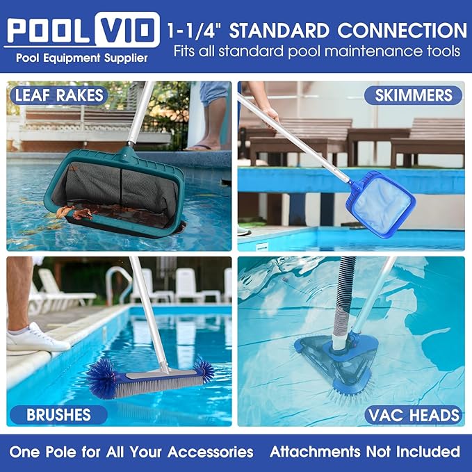 Poolvio 12 FT Telescopic Swimming Pool Pole - Adjustable 2 Piece Aluminum Pool Pole for Pool Cleaning Skimmer Nets Vacuum Heads &amp Brushes Strong Grip &amp Lock
