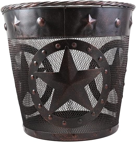 Ebros Rustic Western Texas Lone Stars in Circles of Nailheads with Braided Metal Rope Trim Wire Waste Basket Bin 12.75 Wide Home and Bathroom Accent Country Farmhouse Cowboy Decorative Trash Can
