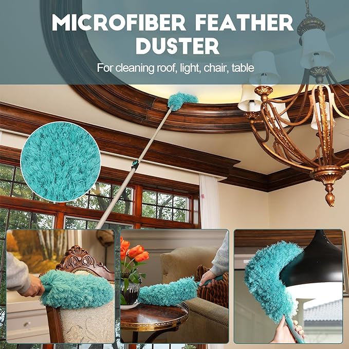 20 Foot High Reach Duster Kit with 5-12FT Extension Pole High Ceiling Dusting and Window Cleaning Kit with Telescopic Pole Window Washer&ampSqueegeeCobweb DusterFan Duster and Feather Duster