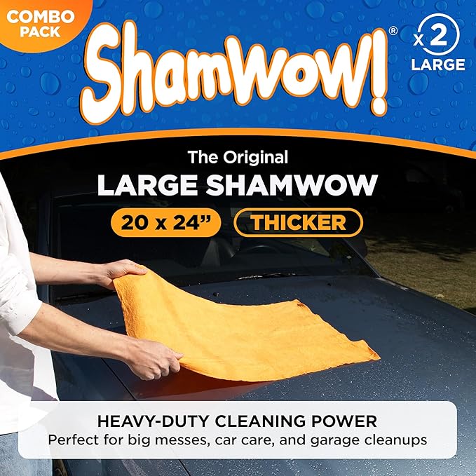 ShamWow Original Super Absorbent Multi-Purpose Cleaning Shammy Chamois Towel Cloth - Holds 10X its Weight in Liquid - Machine Washable - Will Not Scratch (4 Pack: 2 Large Orange &amp 2 Small Blue).
