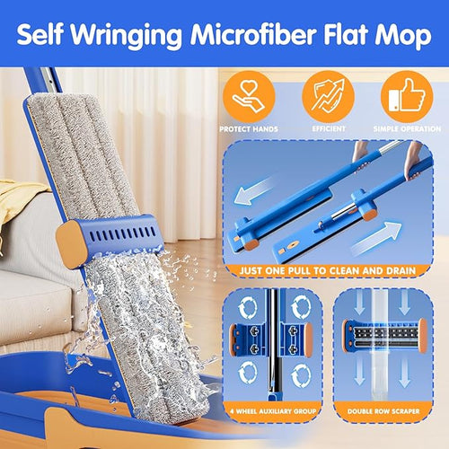 16.5 Self Wringing Flat Mop and Bucket Set 55 Long Handle Microfiber Mop for Floor and Wall Cleaning Hands-Free Wet &amp Dry Mop with Squeegee 5 Replacement Pads &amp Collapsible Bucket