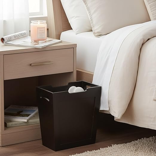TOPZEA Bamboo Waste Basket Rectangular Slim Trash Can Wood Wastebasket with Handles Wooden Small Garbage Can Trash Bin for Bathroom Office Kitchen Craft Room Bedroom RV 10.5x 6x 11 Black