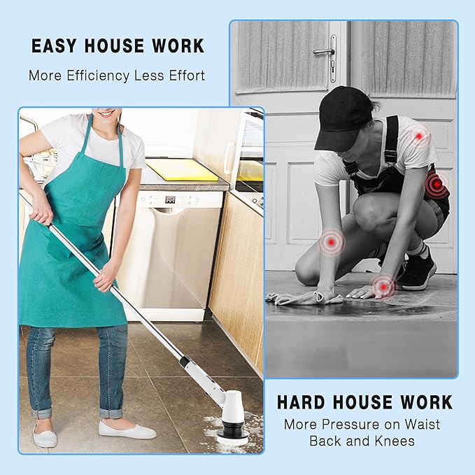 Electric Spin Scrubber Cordless Cleaning Brush with 7 Replaceable Brush Heads &amp Adjustable Extension Handle 2 Speed Power Shower Scrubber for Bathroom Tub Tile Floor (White)