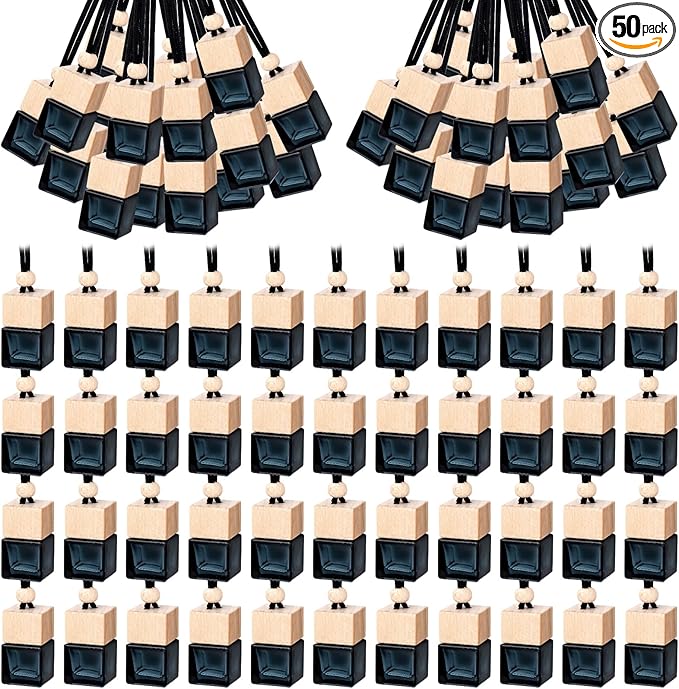 50 Pcs Hanging Car Air Freshener Empty Glass Car Diffuser Bottles Refillable Perfume Bottle Freshener Diffuser Bottle Pendant for Essential Oil Fragrance Aromatherapy Bottle Ornament(Black)