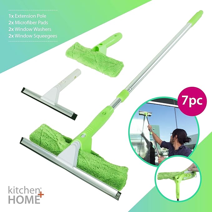 Super Squeegee Window Washer – The Original 3 in 1 Professional Window Squeegee Set - 2 Window Squeegees with Microfiber Scrubbers and Extension Pole – for Windows Glass and Auto
