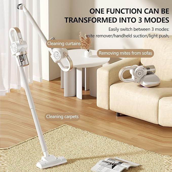 Home Cordless Vacuum Cleaner 8500Pa Vacuum Cleaners for Home 260ml Dust Cup Anti-Tangle Stick Vacuum Self-Standing 3 Modes Vacuum Cordless Rechargeable for Pet Hair/Carpet (White)