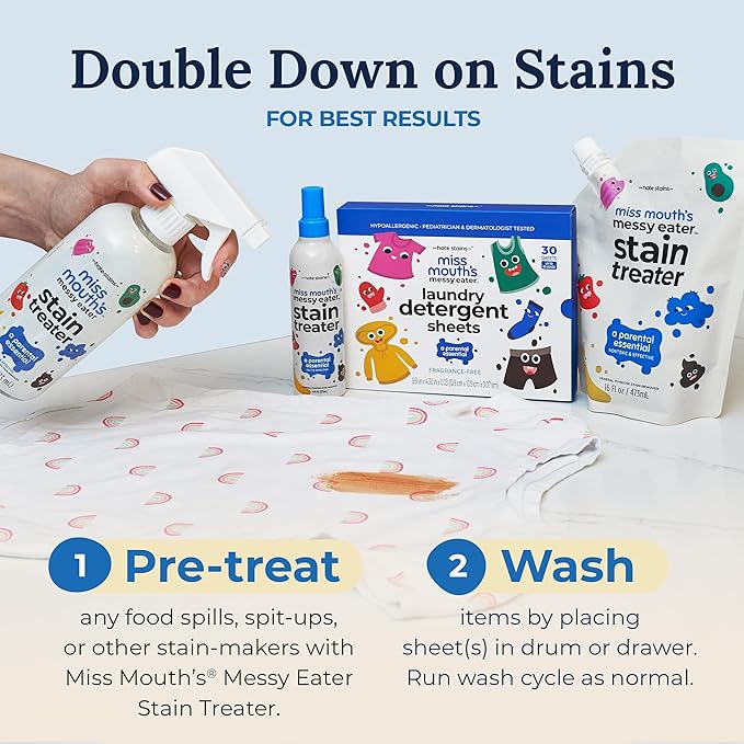 Miss Mouth's Messy Eater Stain Treater Spray - 16oz Stain Remover - 4oz 2 Pack - Laundry Detergent Sheets