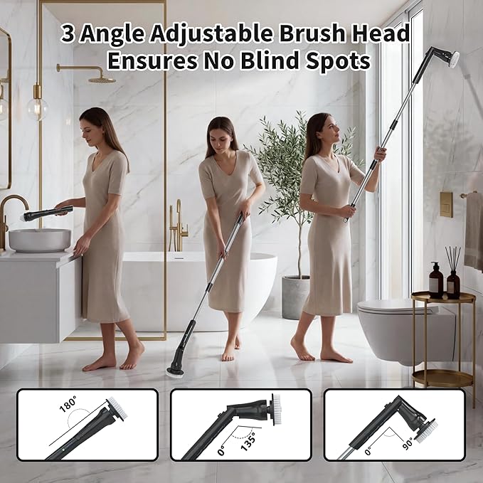 Electric Spin Scrubber Hillyfe Bathroom Scrubber Electric with 7 Replaceable Brush Heads IPX7 Waterproof300/400 RPM 3 Adjustable LengthScrubber Brush Electric for Bathtub FloorBlack