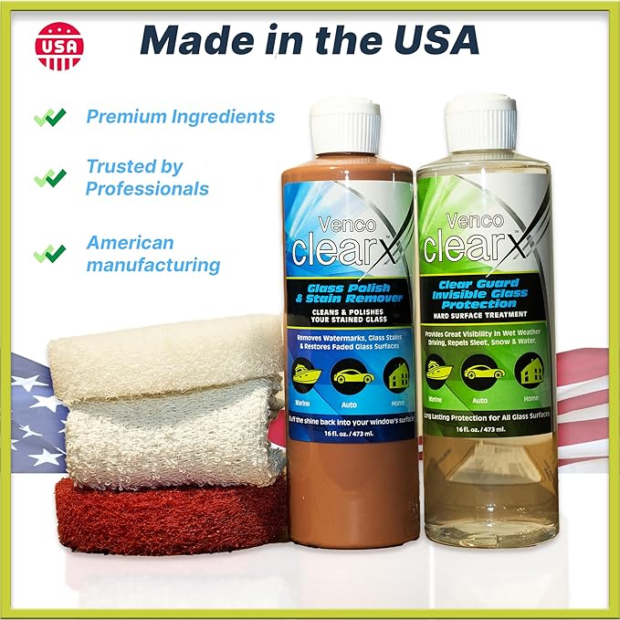 Venco Clear X Glass Polish &amp Protector - 16oz Kit for Removing Rust Burnt-In Stains Water Spots - Protects &amp Repels Water Snow - Ideal for Yachts Cars Home Windows RVs &amp More - Made