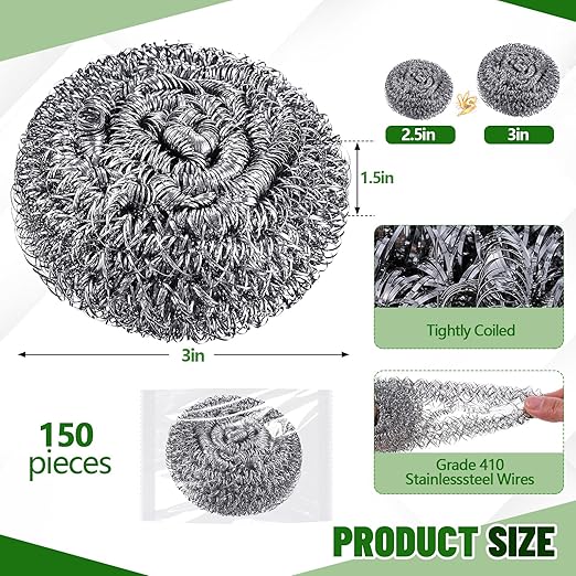 Honeydak 150 Pack Stainless Steel Scourers Steel Wool Scrubbers Bulk Separately Packaged 3 Inch 25 Gram Metal Scourers Sponges Wire Scouring Pad for Stove Pot Pan Oven Kitchen Restaurant(Classic)