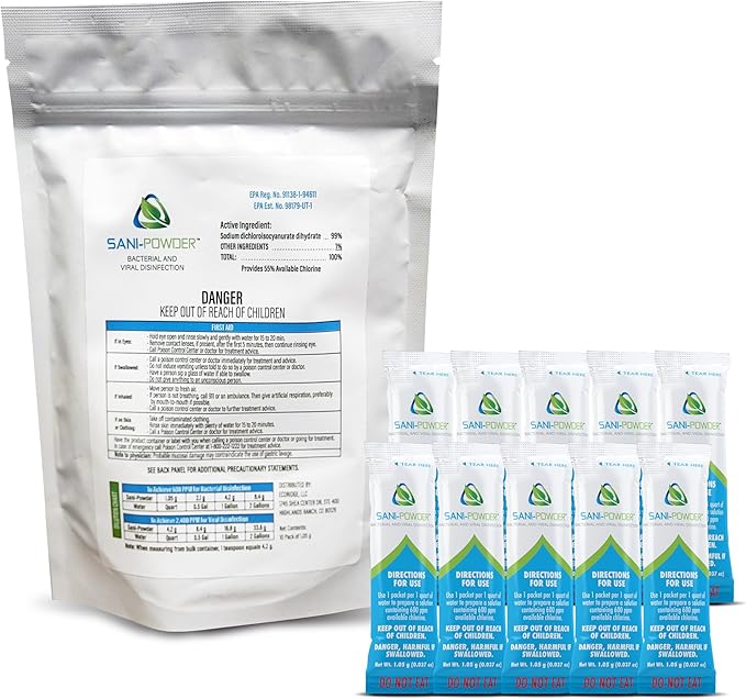 The Tile Doctor Sani Powder Granulated Hypochlorous Acid - Professional Grade Surface Disinfectant - Natural HOCL Multi Surface Cleaner - For Home Office &amp Medical Locations – 1.05 grams (2 pack)