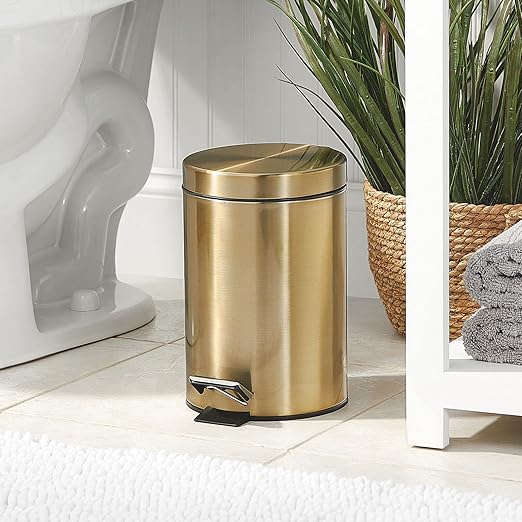 mDesign Tall 3.2 Gallon/12 Liter Round Metal Step Trash Can Wastebasket Garbage Container Bin fo Kitchen Bathroom Home - Removable Liner Bucket - Soft Brass