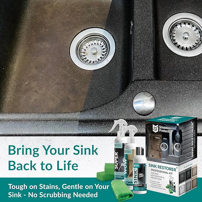 Shieldon Protects Sink Restorer Kit – 3-Step System: Heavy Duty Kitchen Sink Cleaner Hard Water Stain Remover &amp Nano Sealer Protector for Granite Composite Quartz Porcelain &amp Ceramic Kitche