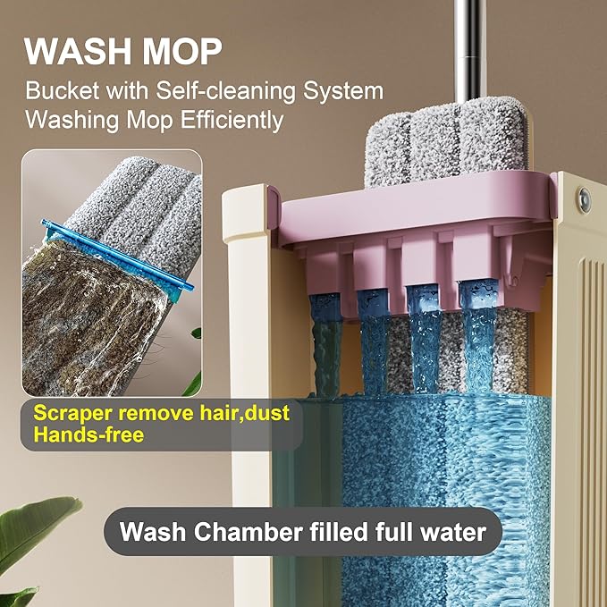 JOYMOOP Mop and Bucket Set (Beige &amp Blush Brown) with Extension Handle Ideal for Floor Window and Wall Cleaning - Includes 3 Washable Microfiber Pads for Wet and Dry Use