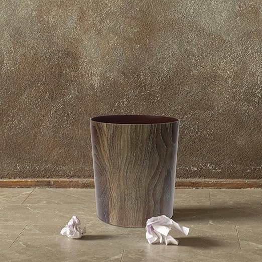 Housoutil Imitation Wood Grain Trash Can 8L Large Capacity Round Wastebasket Sturdy Kitchen and Bathroom Garbage Bin for Home Office Hotel Use