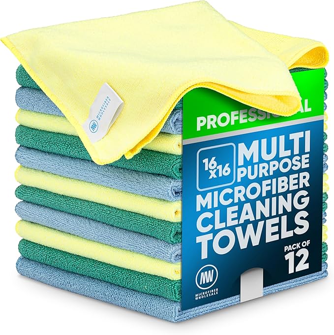 MW Pro Microfiber Cleaning Cloth | Blue Green Yellow (12 Pack) | Size 16 x 16 | All Purpose Microfiber Towels - Clean Dust Polish Scrub Absorbent