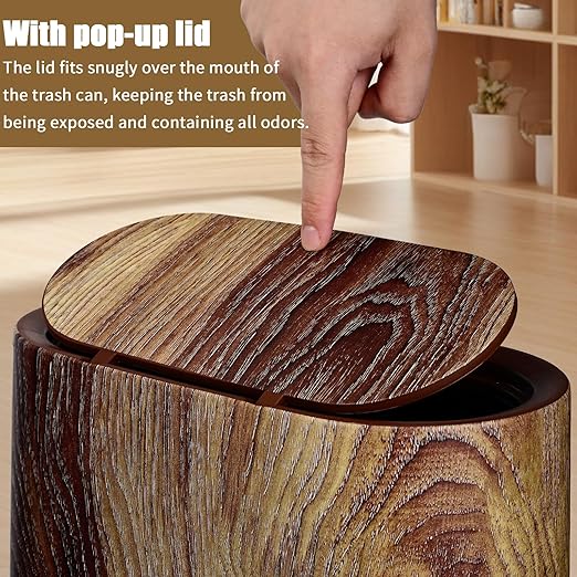 Bathroom Trash Can with Lid 3.7 Gal Plastic Marble Wood Pattern Small Office Trashcan Garbage Can for Bedroom Kitchen Slim Trash Bin Waste Basket Decorative Modern Trashcans