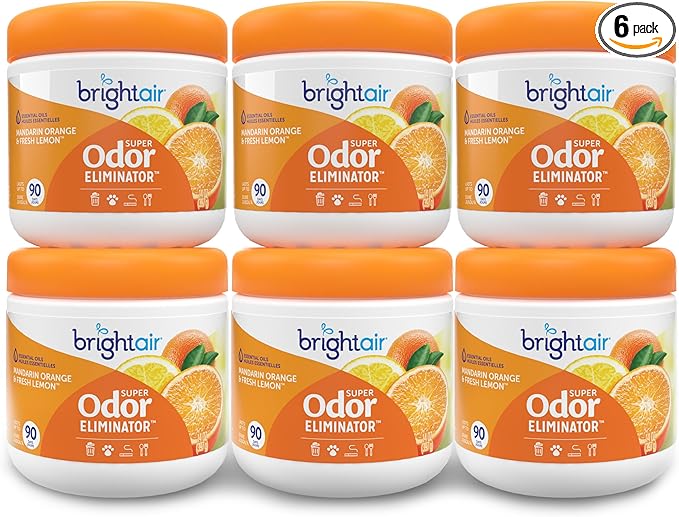 Bright Air 14 oz. Super Odor Eliminator For Medium-Size Spaces Mandarin Orange and Fresh Lemon Scent Case of 6 Air Freshener Natural Essential Oils Lasts Up to 90 Days Each
