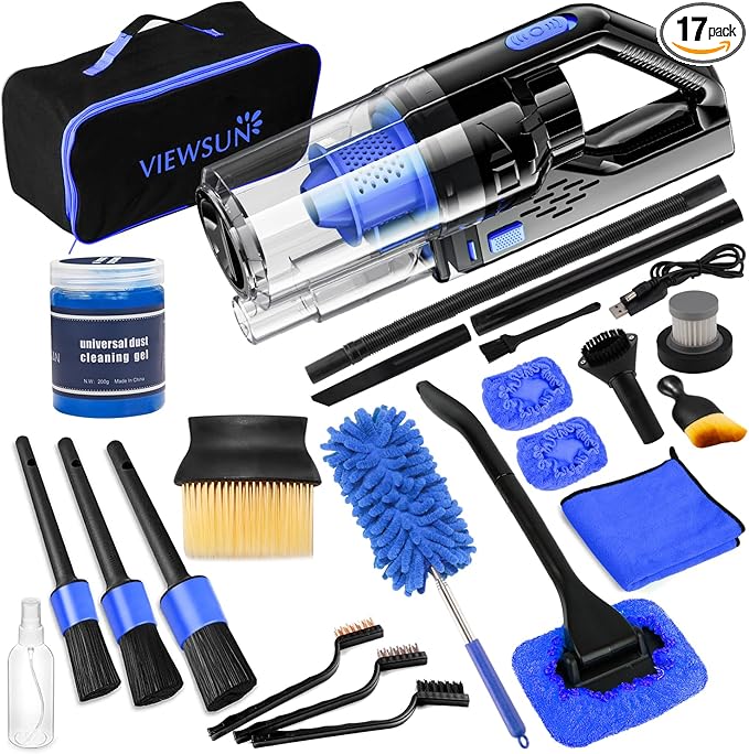 Viewsun Car Cleaning Kit Car Interior Detailing Kit with High Power Handheld Vacuum Cordless Rechargeable Detailing Brush Set Windshield Cleaner Complete Auto Accessories for Men Women Gift