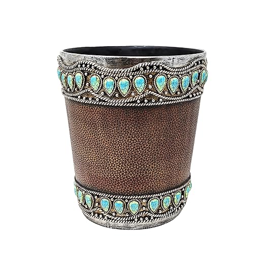 Decorative Resin Faux Leather Small Wastebasket with Turquoise Gem - Southwestern Rustic Trash Bin for Bathroom Bedroom and Kitchen - Small Decorative Wastebasket for Home or Office Décor