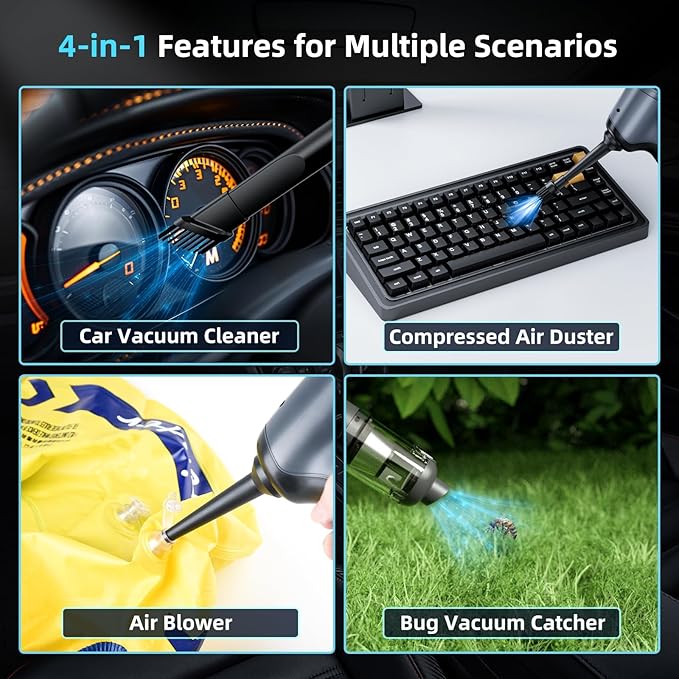 Car Vacuum Cleaner&ampAir Duster | 80W | 16kpa | 12KRPM | 20 Mins-Dust Cleaner Portable Cordless Vacuum Pro-Compressed Air BlowerLightweight Rechargeable Handheld Mini Vacuum for Car/Home/Office