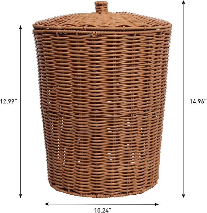 happimess HPM1406B-SET2 Ollie Coastal Contemporary Resin 4.7-Gallon Tapered Round Wicker Watebasket with Lid Brown (Set of 2)
