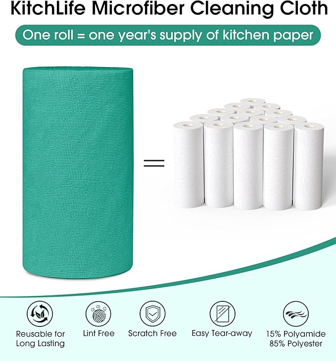 KitchLife Microfiber Cleaning Cloth Roll 100 Pack - Tear-Away Microfiber Paper Towels Lint-Free Reusable Washable for Kitchen Car Dishes and Sensitive Surfaces (Forest Green)