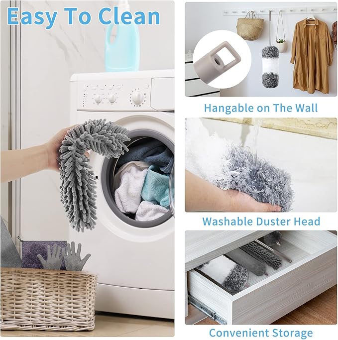 Microfiber Feather Duster with Extension Pole 30 to 100 inches ReusableBendable Washable Dusters for Cleaning Ceiling Fan High Ceiling Blinds Furniture &amp Cars 12PCS
