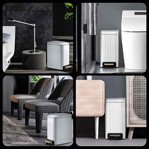 Small Bathroom Trash Can with Lid Soft Close-6L/1.6 Gal Slim Step Garbage Can-Metal Pedal Wastebasket-Narrow Rectangle Garbage Container Bin for Corner Office Bedroom Toilet Live Room-White
