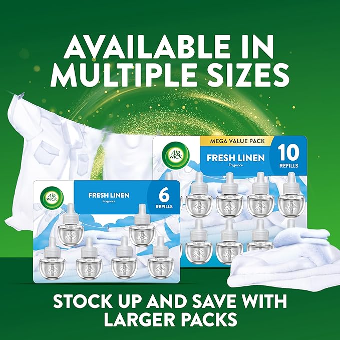 Air Wick Plug in Scented Oil Starter Kit 2 Warmers + 6 Refills Fresh Linen Same Familiar Smell of Fresh Laundry Eco Friendly Essential Oils Air Freshener