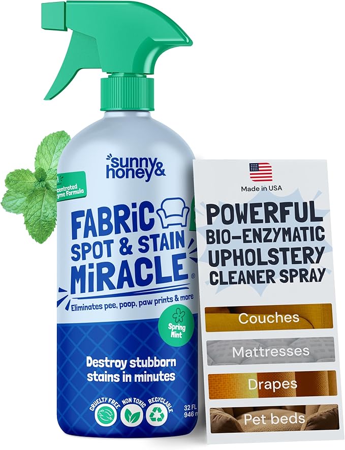 Sunny &amp Honey Upholstery Cleaner Spray - No Discoloration - Pet &amp Kid Safe Stain Remover - Multi-Surface Furniture &amp Sofa Cleaner Spray - Fast-Drying Pet Stain Remover (32 fl oz Mint)