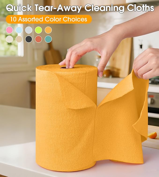 KitchLife Microfiber Cleaning Cloth Roll 100 Pack - Tear-Away Microfiber Paper Towels Lint-Free Reusable Washable for Kitchen Car Dishes and Sensitive Surfaces (Tangerine Yellow)