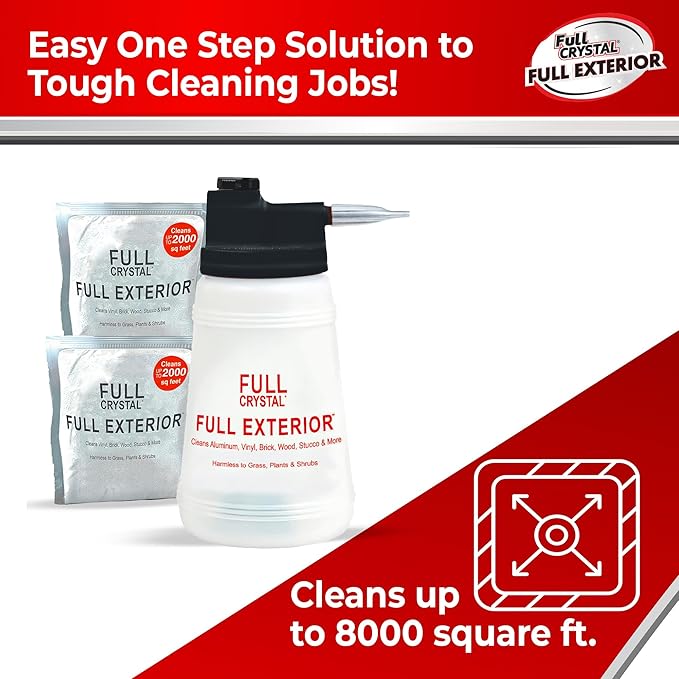 Full Exterior Kit – Bottle Lid with Hose Attachment with Two 4 oz Crystal Powder Outdoor Cleaner Each 4 oz Bag Makes Up to 640 fl oz Non-Toxic No Scrub &amp Rinse Cleaning Kit – Packaging May Var