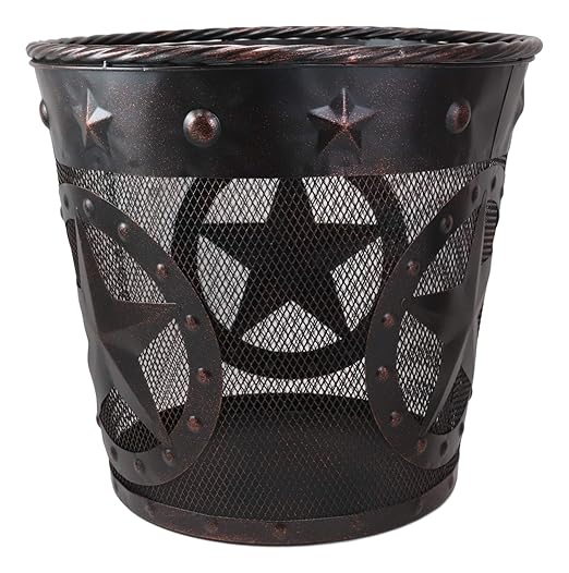 Ebros Rustic Western Texas Lone Stars in Circles of Nailheads with Braided Metal Rope Trim Wire Waste Basket Bin 12.75 Wide Home and Bathroom Accent Country Farmhouse Cowboy Decorative Trash Can