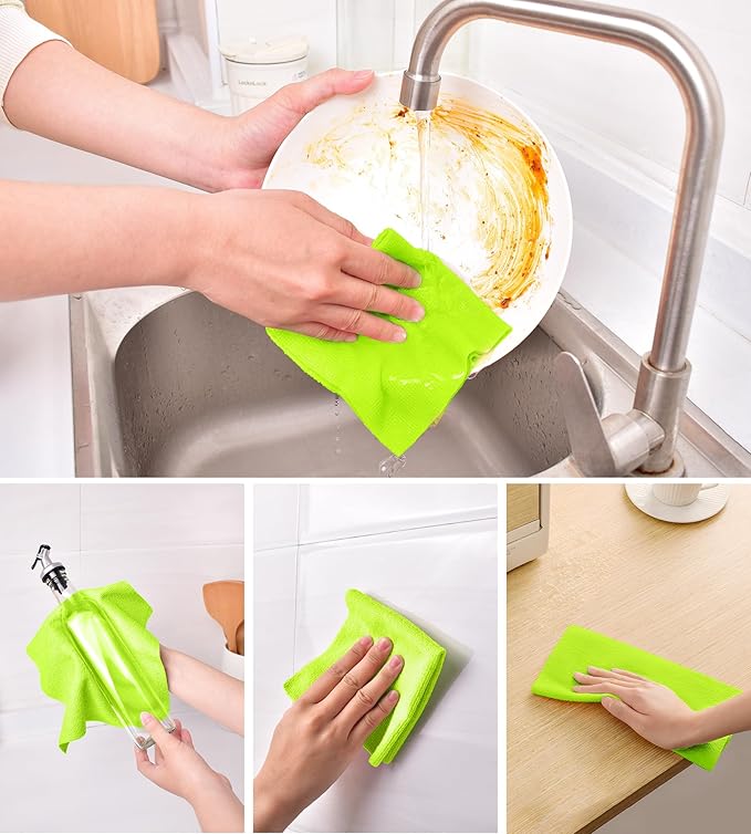 KitchLife Microfiber Cleaning Cloth Roll 100 Pack - Tear-Away Microfiber Paper Towels Lint-Free Reusable Washable for Kitchen Car Dishes and Sensitive Surfaces (Neon Green)