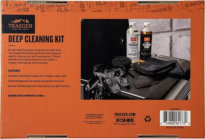 Traeger Grills Deep Cleaning Kit - Exterior Detailing Spray (16oz) Foaming Degreaser (16oz) Grill Scraper &amp Pad Microfiber Towels Nitrile Gloves - Tools for Cleaning Grill Smoker Oven Gridd