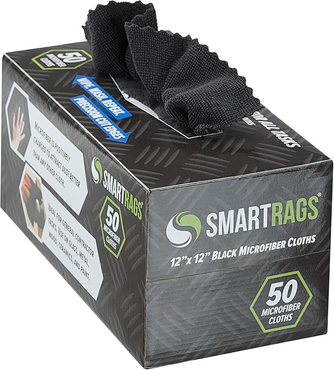 Arkwright Smart Rags Microfiber Cleaning Cloths Pack of 50 in a Box Lint Free 180 GSM Reusable Towels for Auto Office and Household Cleaning 12 x 12 in Black