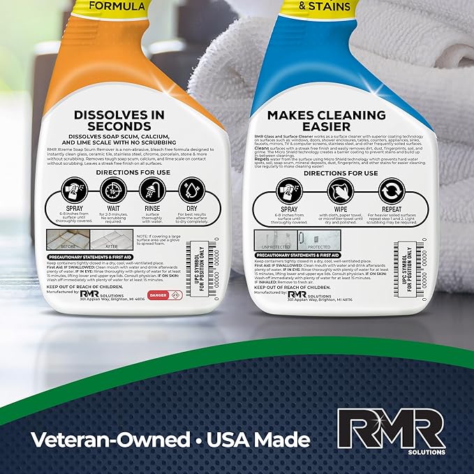 RMR Shower Shield Power Pack – Glass &amp Surface Cleaner/Repellent + Xtreme Soap Scum Remover Multi-Surface Cleaning Kit for Bathroom Tile Glass &amp Surfaces 2–32 Oz Bottles