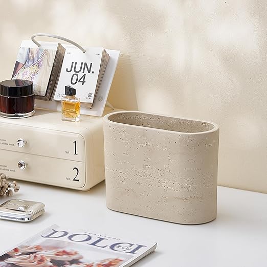 Natural Travertine Textures Mini Trash Can Small Counter Rectangle Trash Can for Bathroom Kitchen Table Desk Tiny Waste Basket for Vanity - Silicone Pad Anti Scratch Non-Slip (Made of Resin)