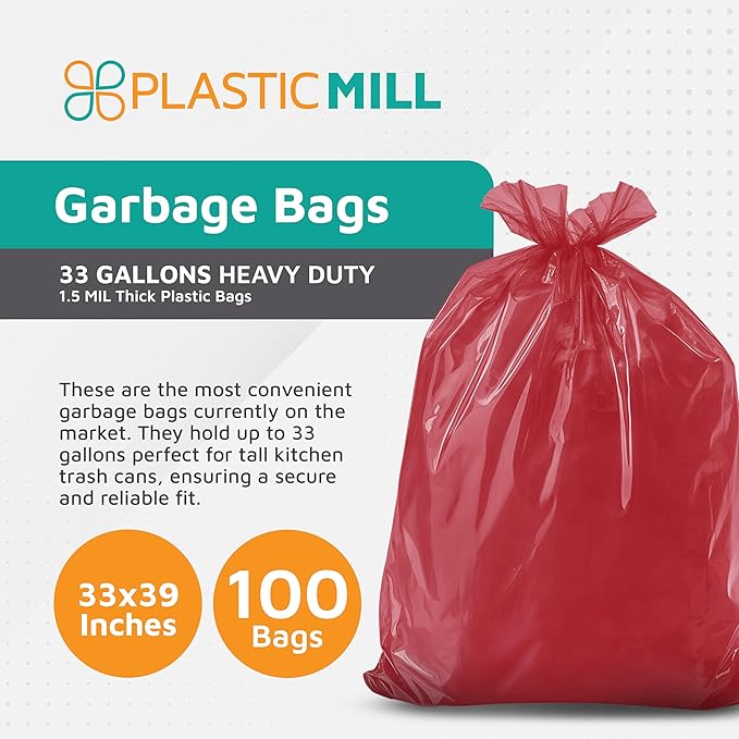PlasticMill Heavy Duty Trash Bags - Red Garbage Bags - Plastic Waste Bags - Tall Trash Sacs Trash Can Liners - 33-Gallon Large Kitchen Trash Bags 1.5 Mil 33x39 (100-Count)