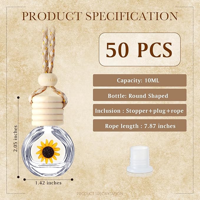 BBTO 50 Pcs Hanging Car Air Freshener Car Diffuser Bottles Empty Glass Perfume Bottle Freshener Diffuser Bottle Pendant for Essential Oil Fragrance Aromatherapy Ornament(ClearSunflower)