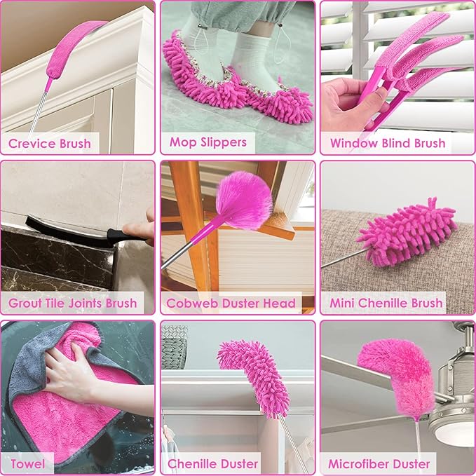 ThinkLearn Microfiber Dusters for Cleaning14PCS Feather Dusters with Extension PoleBendable Washable and Extendable Duster for High Ceilings Fans and Blinds House Cleaning Kit Pink Gift for Women