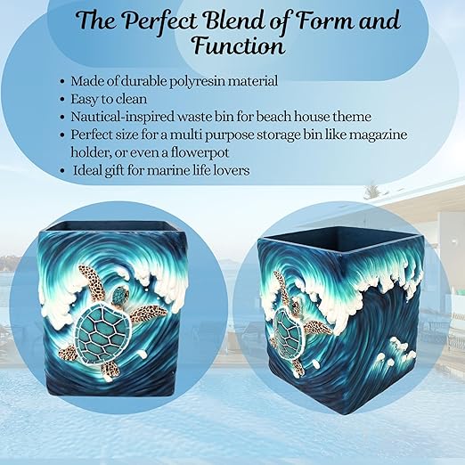 BestGiftEver Sea Turtle Wave Accent Trash Bin - Nautical and Ocean - Inspired Wastebasket - Ideal for Sea and Marine Life Lovers