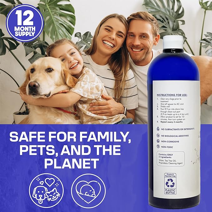 AC Drain Line Cleaner / 12 Month Supply | Safe Chlorine Free Non Toxic Formula with Natural Tea Tree Oil | HVAC Drain Line Solution for Tough Clogs &amp Buildup
